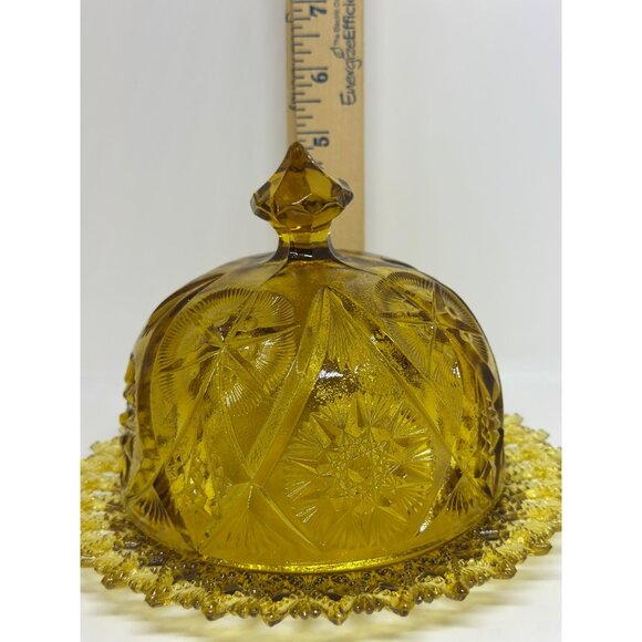 Vintage 80S Amber Glass Butter Dish with Dome Lid – Star & Button Pattern 7"x5" - Picture 6 of 9